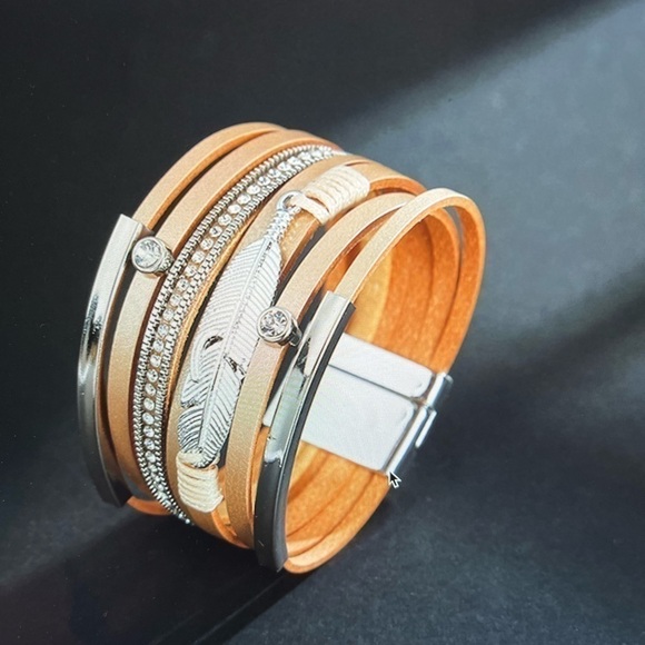 BoHo Feather Wide Rimmed Leather Bracelet, Rhinestone Studded, Cream Color - Picture 2 of 5